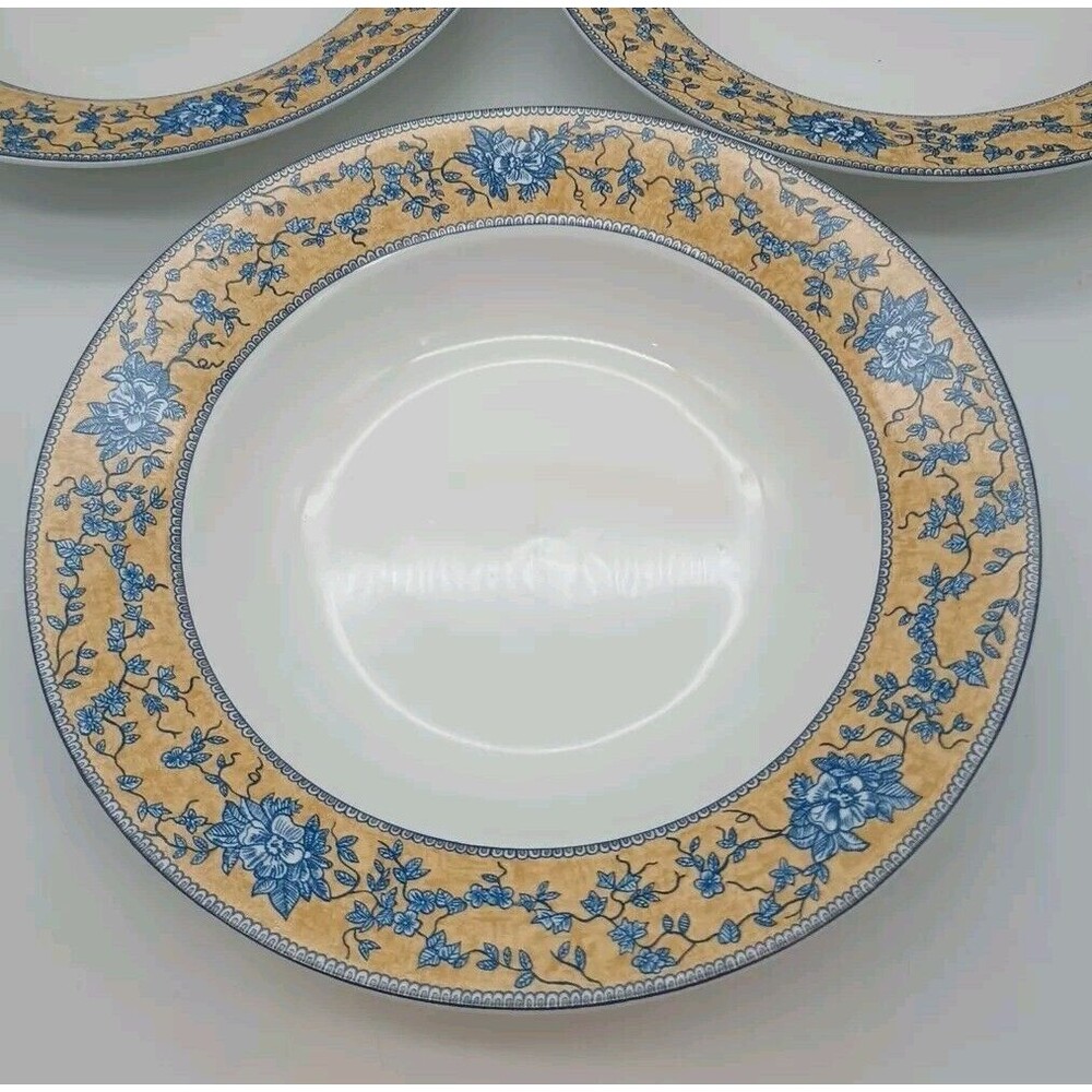 (3) AMERICAN ATELIER English Toile Rimmed Soup Bowls #5076 Porcelain Yellow Blue - Picture 2 of 4